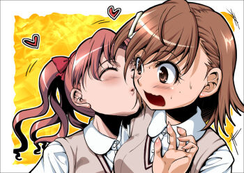 00s 2girls blush bow brown_eyes brown_hair hair_bow hair_ornament hairclip heart kiss long_hair misaka_mikoto multiple_girls open_mouth school_uniform shirai_kuroko short_hair shuuko surprised sweat sweater_vest toaru_kagaku_no_railgun toaru_majutsu_no_index twintails vest yuri