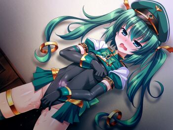 1girl aoi_masami aqua_eyes black_gloves blue_eyes blush breasts covered_erect_nipples covered_navel dutch_angle elbow_gloves female_masturbation fingering game_cg gloves grabbing_own_breast green_hair hat knight_lapis large_variant_set leotard long_hair magical_girl masturbation masturbation_through_clothes nina_wang_rockford nipple_stimulation nipple_tweak non-web_source official_art open_mouth peaked_cap pubic_tattoo pussy_juice showgirl_skirt small_breasts solo tattoo tears thighhighs through_clothes tongue tongue_out ts_magical_girl_nao twintails variant_set