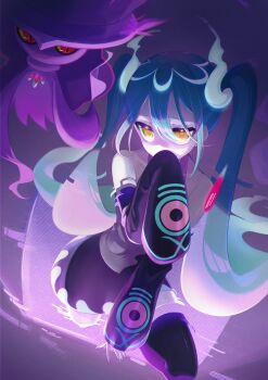 1girl absurdres acchun aqua_hair black_skirt black_thighhighs commentary detached_sleeves gen_4_pokemon ghost_miku_(project_voltage) grey_shirt hatsune_miku highres long_hair miniskirt mismagius nintendo pokemon pokemon_(creature) project_voltage scanlines shirt skirt sleeveless sleeveless_shirt static thighhighs through_medium through_screen twintails vocaloid wide_sleeves yellow_eyes