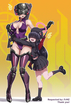 2girls android beret black_hat black_sailor_collar black_serafuku blue_archive bullpup chest_height commentary commission covered_eyes crossover english_commentary faceless faceless_female girls'_frontline gun hair_over_eyes halo hat height_difference highres hug justice_task_force_member_(blue_archive) less_than_chest_height long_bangs multiple_girls neckerchief pixiv_commission red_halo red_neckerchief sailor_collar sangvis_ferri school_uniform serafuku substance20 surprise_hug surprised vespid_(girls'_frontline) weapon