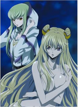 absurdres blonde_hair blue_eyes c.c. code_geass code_geass:_boukoku_no_akito covering_breasts covering_privates green_hair highres leila_malcal