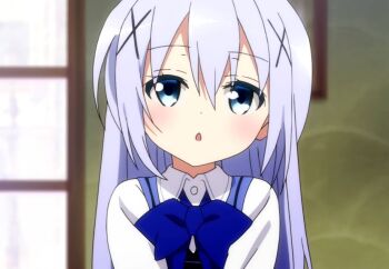 1girl anime_screenshot blue_eyes blue_hair blush bow gochuumon_wa_usagi_desu_ka? hair_between_eyes hair_ornament hairclip indoors kafuu_chino long_hair long_sleeves looking_at_viewer open_mouth shirt smile solo very_long_hair white_shirt x_hair_ornament