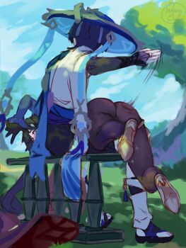 1boy 1girl armor artist_name ass ass_ripple ass_smack bench black_gloves black_hair black_pantyhose black_sandals black_shorts blue_hat blue_jingasa blue_sash blue_sleeves blunt_ends bridal_gauntlets commentary english_commentary eyelashes furisode genshin_impact gloves gold gold_ring gold_shoes gold_thighlet grey_bridal_gauntlets grey_eyes grey_hair hat high_heels highres japanese_armor japanese_clothes jewelry jingasa kimono kote kurokote leg_warmers long_hair lying_on_lap middle_ring mona_(genshin_impact) multicolored_hair open_hand outdoors pantyhose red_hat sandals sash scaramouche_(genshin_impact) shoes shorts sitting spanked spanking star_(symbol) star_print stirrup_legwear streaked_hair tassel thighlet toeless_legwear toes twintails unworn_hat unworn_headwear wanderer_(genshin_impact) watercolor_effect watermark weenyowl white_kimono white_leg_warmers white_sleeves witch_hat zouri