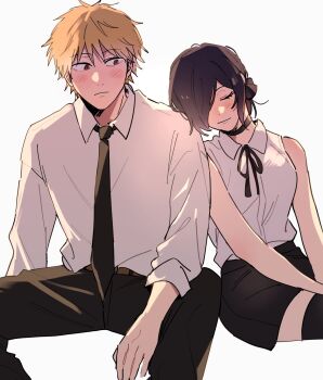 1boy 1girl black_choker black_ribbon chainsaw_man choker denji_(chainsaw_man) domanuke_face hair_between_eyes hair_bun highres neck_ribbon reze_(chainsaw_man) ribbon shirt shirt_tucked_in single_hair_bun sleeveless sleeveless_shirt