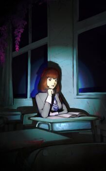 1girl absurdres blood blood_splatter book brown_eyes brown_hair curtains dark_background desk flower grey_shirt hair_ribbon hand_on_own_chin highres jewelry looking_at_viewer medium_hair mole necklace necktie open_book persona persona_1 philipposole purple_flower red_ribbon ribbon school_desk school_uniform shadow shirt sitting solo sonomura_maki window writing_on_wall