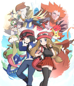 2girls 3boys az_(pokemon) bag beanie beard black_gloves black_hair black_thighhighs blonde_hair border breasts calem_(pokemon) chesnaught closed_mouth delphox diantha_(pokemon) eyewear_on_headwear facial_hair fingerless_gloves floette floette_(eternal) gardevoir gen_3_pokemon gen_6_pokemon gloves gonzarez greninja hand_on_headwear hat highres jacket large_breasts legendary_pokemon lysandre_(pokemon) mega_gardevoir mega_pokemon miniskirt multiple_boys multiple_girls nintendo orange_hair outside_border pleated_skirt pokemon pokemon_(creature) pokemon_xy red_jacket red_skirt serena_(pokemon) skirt sleeveless smile thighhighs twitter_username white_border white_hair xerneas yveltal zettai_ryouiki
