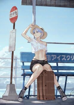 1girl bench black_panties breasts bus_stop bus_stop_sign crop_top hat kaoming me_phi_you midriff navel o-ring o-ring_bottom o-ring_panties panties sample_watermark second-party_source shoes shorts sneakers suitcase sun_hat underboob underwear watermark white_hair
