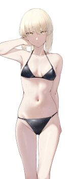 1girl absurdres artoria_pendragon_(fate) bikini black_bikini blonde_hair fate/grand_order fate_(series) highres looking_at_viewer navel okuma707 saber_alter simple_background solo string_bikini swimsuit wet white_background yellow_eyes