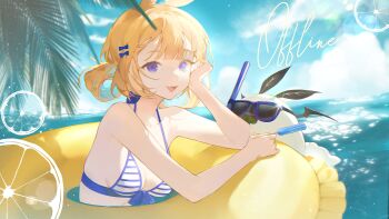 1girl :d absurdres animal bat_wings bikini blonde_hair blue_eyes blue_sky blunt_bangs bow breasts cleavage day elbow_rest english_text fern food food_print fruit_print hair_bow hand_on_own_face highres holding holding_food holding_popsicle horizon indie_virtual_youtuber innertube leaf lens_flare light_particles medium_breasts open_mouth orange_print outdoors partially_submerged popsicle short_hair short_twintails sky smile snorkel_mask solo sparkle sunglasses swim_ring swimming swimsuit teeth twintails upper_teeth_only virtual_youtuber water wings yenko_(vtuber) yoimon