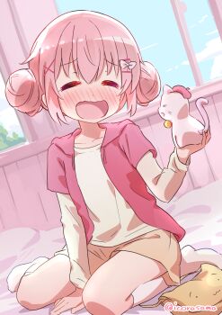 1girl absurdres animal between_legs blue_sky blush bow brown_shorts cat closed_eyes cloud collarbone comic_girls day double_bun eyebrows_hidden_by_hair full_body hair_between_eyes hair_bow hair_bun hair_ornament hairclip hand_between_legs highres holding hood hooded_jacket icorasama indoors jacket kneehighs layered_sleeves long_sleeves looking_at_viewer moeta_kaoruko no_shoes nose_blush on_bed open_clothes open_jacket open_mouth pink_hair pink_jacket shirt short_over_long_sleeves short_sleeves shorts sitting sky smile socks solo twitter_username wariza wavy_mouth white_shirt white_socks window x_hair_ornament