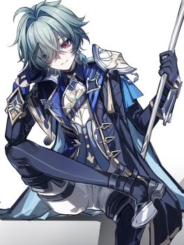 Rule 34 | 1boy, ahe63011, armor, black boots, black coat, black gloves, blue coat, blue hair, boots, coat, collared shirt, commentary, crossed bangs, curtained hair, earrings, elbow on knee, english commentary, genshin impact, gloves, highres, holding, holding weapon, jewelry, lohen (genshin impact), long sleeves, looking at viewer, male focus, multicolored eyes, pants, parted bangs, pauldrons, shirt, shoulder armor, single earring, single pauldron, sitting, smile, solo, two-sided coat, two-sided fabric, weapon, white background, white pants, wing collar