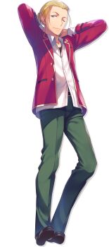 1boy ;) absurdres advanced_nurturing_high_school_uniform arms_behind_head black_shoes blazer blonde_hair closed_mouth collared_shirt full_body green_pants hashimoto_masayoshi highres jacket long_sleeves looking_at_viewer male_focus official_art one_eye_closed open_clothes open_jacket pants ponytail red_jacket school_uniform shirt shoes short_ponytail simple_background smile solo tomose_shunsaku transparent_background untucked_shirt white_shirt youkoso_jitsuryoku_shijou_shugi_no_kyoushitsu_e