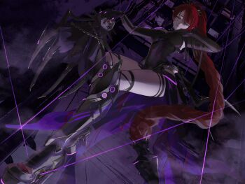 Rule 34 | 1girl, alternate costume, alternate design, black cloak, black dress, boots, braid, braided ponytail, breasts, circle facial mark, cloak, commentary request, dress, fingernails, hair ornament, hands up, high-low dress, highres, iva (iva4111), knee boots, long fingernails, long hair, looking at viewer, mark under both eyes, mechanical boots, medium breasts, outstretched arm, parted lips, partial commentary, pointy ears, purple nails, red hair, smile, thighs, very long hair, wuthering waves, yinlin (wuthering waves), zapstring (wuthering waves)