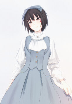 Rule 34 | 1girl, absurdres, alternate costume, amagami, aristocratic clothes, ascot, black eyes, black hair, blue background, blue ribbon, blue skirt, blue vest, closed mouth, commentary, gradient background, hair ribbon, highres, light blush, long skirt, long sleeves, looking at viewer, nanasaki ai, oshizu, ouji fashion, ribbon, shirt, short hair, skirt, skirt hold, solo, standing, vest, white ascot, white shirt
