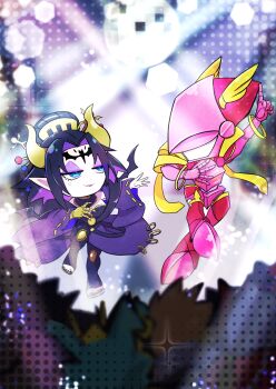 Rule 34 | 1girl, 48mokopon, absurdres, armor, black bodysuit, black hair, black wings, blue eyes, bodysuit, chibi, dancing, demon girl, demon horns, demon wings, detached sleeves, digimon, digimon (creature), disco ball, eyeshadow, facial mark, forehead mark, full body, hair bun, helmet, highres, horns, knight, lilithmon, lordknightmon, makeup, pink armor, pink helmet, purple eyeshadow, purple sleeves, wings