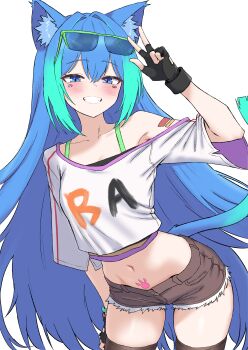 1girl absurdres animal_ears aqua_hair arm_up armpits black_gloves blue_eyes blue_hair bra_strap brown_shorts brown_thighhighs cat_ears cat_girl cat_tail check_copyright collarbone commentary_request commission copyright_request cowboy_shot crop_top cutoffs denim denim_shorts eyewear_on_head fingerless_gloves gloves gradient_hair grin highres leaning_forward long_hair looking_at_viewer midriff multicolored_hair navel off_shoulder oldsickkim original shirt short_shorts shorts simple_background single_bare_shoulder smile solo stomach sunglasses tail thighhighs thighs two-tone_hair very_long_hair w white_background white_shirt