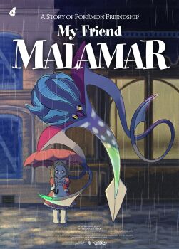 1girl 1other :< absurdres artist_request beak black_sclera city closed_mouth colored_sclera dress expressionless fairy_tale_girl_(pokemon) full_body gen_6_pokemon highres holding holding_poke_ball holding_umbrella logo looking_at_viewer malamar mega_malamar mega_pokemon meme narrowed_eyes nintendo parody poke_ball pokemon pokemon_(creature) pokemon_focus pokemon_legends:_z-a rain road street studio_ghibli tentacles title tonari_no_totoro umbrella yellow_eyes