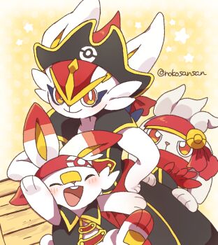 artist_name bandana black_hat black_jacket blush bright_pupils cinderace cinderace_(captain) closed_eyes clothed_pokemon evolutionary_line gen_8_pokemon hat jacket looking_at_viewer multicolored_fur nintendo official_alternate_costume open_mouth pirate_costume pirate_hat poke_ball_symbol pokemon pokemon_(creature) pokemon_unite raboot red_bandana red_eyes red_fur roku_(rokkrn) scorbunny teeth upper_teeth_only white_fur white_pupils