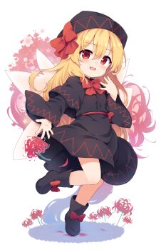1girl baku-p black_boots black_capelet black_dress black_hat blonde_hair blush boots bow bowtie capelet commentary_request dress fairy fairy_wings flower footwear_bow game_cg hakurei_frontier_spell_strive hat hat_bow leg_up lily_black lily_white long_hair long_sleeves official_art open_mouth red_bow red_bowtie red_eyes red_flower smile solo spider_lily third-party_source touhou transparent_background very_long_hair wings