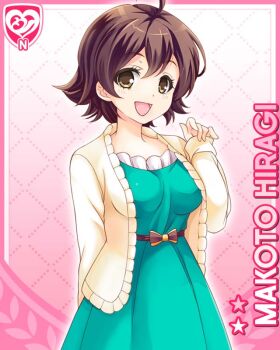 1girl :d ahoge belt_bow bow breasts brown_eyes brown_hair card_(medium) cardigan character_name dress girlfriend_(kari) green_dress hiragi_makoto_(girlfriend_(kari)) large_breasts looking_at_viewer official_art open_mouth pink_background qp:flapper short_hair smile solo yellow_cardigan