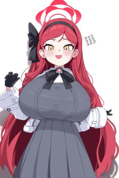 1girl absurdres alternate_breast_size_(larger) black_gloves black_hairband blue_archive blush breasts dress fur-trimmed_jacket fur_trim gloves grey_dress hairband halo highres huge_breasts jacket large_breasts lir_(cuhc3357) long_hair looking_down open_clothes open_jacket open_mouth oppai_loli red_hair red_halo solo sweat swept_bangs takane_(blue_archive) white_jacket yellow_eyes