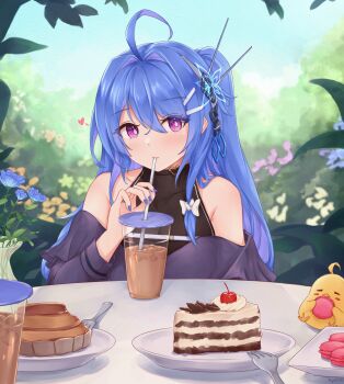 1girl alternate_costume alternate_hairstyle azur_lane bare_shoulders black_shirt blue_hair blue_nails blush bow cake casual commentary day dress drinking drinking_straw english_commentary flower food gradient_hair hair_bow hair_ornament hairclip headgear heart heart_necklace helena_(azur_lane) highres jewelry kyl490 long_hair looking_at_viewer multicolored_hair nail_polish necklace off-shoulder_dress off-shoulder_shirt off_shoulder outdoors ponytail purple_dress purple_eyes purple_shirt shirt sleeveless sleeveless_shirt smile solo upper_body valentine very_long_hair white_bow
