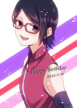 1girl :d black_eyes black_hair boruto:_naruto_next_generations dated detached_sleeves glasses happy_birthday highres looking_at_viewer mochiii-s naruto_(series) open_mouth red-framed_eyewear red_shirt shirt short_hair simple_background smile solo teeth twitter_username uchiha_sarada zipper_pull_tab