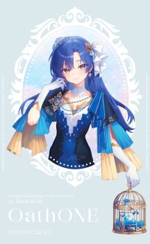 birdcage blue_hair brown_eyes cage character_name closed_mouth commentary_request earrings english_text gloves hair_ornament hand_up highres holding holding_cage idolmaster idolmaster_(classic) jewelry kisaragi_chihaya kutori_pan'ya long_hair looking_at_viewer mini_tiara signature smile tiara white_gloves