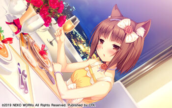1girl alcohol animal_ear_fluff animal_ears azuki_(nekopara) blush bow bracelet breasts brown_eyes brown_hair cat_ears cat_girl collarbone cup dinner dress drink drinking_glass flower food fork game_cg hair_bow hair_flower hair_ornament hair_ribbon headband highres holding holding_drink holding_drinking_glass holding_glass indoors jewelry knife lobster matching_hair/eyes necklace nekopara night pearl_bracelet pearl_hair_ornament pearl_hairband pearl_necklace red_flower red_rose ribbon rose sayori_(neko_works) sky skyline slit_pupils small_breasts spoon table window wine_glass yellow_dress