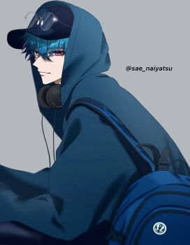 Rule 34 | 1boy, backpack, bag, baseball cap, blue bag, blue hat, blue hoodie, brant (wuthering waves), closed mouth, commentary, eyewear on headwear, from side, grey background, hair between eyes, hat, headphones, headphones around neck, highres, hood, hood up, hoodie, looking at viewer, looking to the side, male focus, pink eyes, sae naiyatsu, simple background, smile, solo, sunglasses, twitter username, upper body, wuthering waves