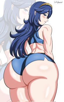 Rule 34 | 1girl, ass, ass focus, bare shoulders, blue eyes, blue hair, blush, fire emblem, fire emblem awakening, from behind, gen 4 pokemon, huge ass, long hair, looking at viewer, looking back, lucario, nintendo, short shorts, shorts, sixtybuzzer, smile, solo, sports bra, tiara, very long hair