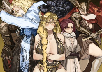 3boys 4girls absurdres amputee armor asymmetrical_horns belt black_dress blonde_hair blue_skin breasts brother_and_sister brothers brown_cloak brown_hair cape circlet cleavage cloak closed_eyes closed_mouth colored_skin commentary_request covered_eyes crossed_arms dress elden_ring elden_ring:_shadow_of_the_erdtree extra_faces fake_horns fur_cape fur_cloak gold_armor gold_belt gold_circlet gold_helmet golden_sword hair_over_shoulder half-siblings halterneck hat helmet helmet_over_eyes highres horned_helmet horns horns_on_eye_sockets large_breasts large_hat long_hair looking_at_viewer malenia_blade_of_miquella mature_female mechanical_arms melina_(elden_ring) miao_jiangyou miquella_(elden_ring) missing_eye mohg_lord_of_blood mother_and_daughter mother_and_son multiple_boys multiple_girls multiple_horns one-eyed one_eye_closed ornate_armor promised_consort_radahn prosthesis prosthetic_arm prosthetic_leg queen_marika_the_eternal ranni_the_witch red_cape red_hair robe siblings single_mechanical_arm sisters triple_amputee tunic very_long_hair white_robe white_tunic winged_helmet witch witch_hat yellow_eyes