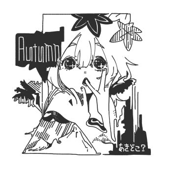 Rule 34 | 1girl, 3ma can omochi, abstract, aki shizuha, commentary, english text, greyscale, hand on own cheek, hand on own face, highres, leaf, looking at viewer, maple leaf, monochrome, open mouth, short hair, solo, sparkling eyes, touhou, translated, upper body