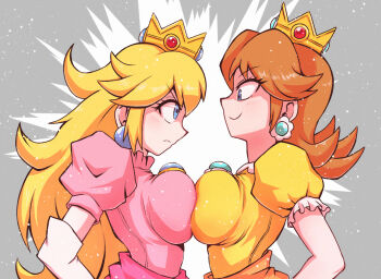 2girls asymmetrical_docking blonde_hair blue_eyes breast_press breasts brown_hair clash crown dress earrings face-to-face flower_earrings bad_tag frown gem gloves jewelry kurachi_mizuki long_hair mario_(series) multiple_girls nintendo orange_dress pink_dress princess_daisy princess_peach puffy_short_sleeves puffy_sleeves short_hair short_sleeves sidelocks smug standing super_mario_bros._1 super_mario_land symmetrical_docking tomboy
