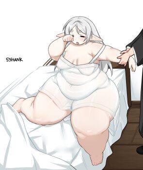 2girls 53hank absurdres areolae_visible_through_clothing artist_name bed belly black_robe breasts cleavage closed_eyes covered_navel dress elf fat fat_rolls fat_woman fern_(sousou_no_frieren) frieren grabbing_another&#039;s_arm grey_hair highres long_hair medium_breasts multiple_girls open_mouth pajamas pointy_ears robe rubbing_eyes sitting sousou_no_frieren thick_eyebrows thick_thighs thighs waking_up white_background white_dress white_hair wide_hips