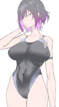 Rule 34 | 1girl, attyon, black hair, black one-piece swimsuit, breasts, character request, colored inner hair, competition swimsuit, copyright request, goggles, gradient hair, highleg, highleg one-piece swimsuit, large breasts, looking at viewer, multicolored hair, one-piece swimsuit, purple hair, short hair, simple background, solo, swimsuit, thigh gap, two-tone swimsuit, unworn goggles, white background