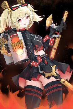 Rule 34 | 1girl, :q, absurdres, ass, belt, black belt, black jacket, black skirt, black thighhighs, blonde hair, burnice white, cowboy shot, flamethrower, from side, hair between eyes, highres, holding, holding flamethrower, holding weapon, jacket, long hair, looking at viewer, red-tinted eyewear, red eyes, rem mie, sidelocks, skirt, smile, solo, spiked belt, standing, sunglasses, thighhighs, tinted eyewear, tongue, tongue out, weapon, zenless zone zero