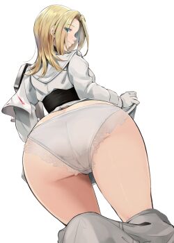 1girl absurdres ass ass_focus blonde_hair blue_eyes closed_mouth commentary endou_(zettai_bluenoid) eyes_visible_through_hair feet_out_of_frame from_behind highres lace lace-trimmed_panties lace_trim long_hair looking_at_viewer looking_back meene_montgomery panties profile shaman_king shirt simple_background smile solo symbol-only_commentary underwear white_background white_panties white_shirt