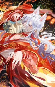 1boy absurdres aerial_fireworks animal_ears arm_ribbon cael_anselm cael_anselm_(oneiric_heian-kyo) chinese_commentary choker coat collarbone covered_mouth dancing ear_piercing extra_ears fire fireworks floral_print flower folding_fan fox_boy fox_ears hair_between_eyes hair_flower hair_ornament hand_fan hand_up highres holding holding_fan japanese_clothes kemonomimi_mode kimono lantern layered_sleeves long_bangs long_hair long_hair_between_eyes long_sleeves looking_at_viewer lovebrush_chronicles male_focus night open_clothes open_coat outstretched_arm paper_lantern pendant_choker piercing purple_eyes red_choker red_coat red_sash ribbon ribbon_choker sash see-through_clothes see-through_sleeves sideways_glance solo spider_lily spider_lily_print tassel upper_body very_long_hair waist_sash white_hair white_kimono xue_ezi