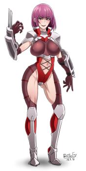 1girl breasts butcha-u claws curvy elbow_gloves full_body gloves highleg highleg_leotard highres large_breasts leotard ninja nipples oboro_(taimanin_asagi) red_eyes red_hair red_leotard revealing_clothes short_hair simple_background smile solo standing taimanin_(series) taimanin_asagi white_background wide_hips