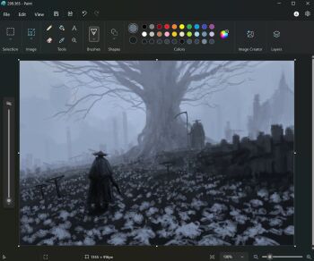2others art_program_in_frame bare_tree bloodborne capelet character_request christian_young commentary fog graveyard greyscale hat highres holding holding_scythe house looking_at_another microsoft_paint_(medium) microsoft_paint_(software) monochrome multiple_others scenery screencap scythe standing straw_hat tombstone tree