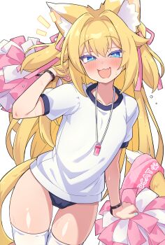 Rule 34 | 1girl, :3, absurdres, animal ears, arm up, blonde hair, blue buruma, blue eyes, blush, bright pupils, buruma, cat ears, cat girl, cat tail, colored eyelashes, cowboy shot, dot nose, fang, gym shirt, gym shorts, gym uniform, hair ribbon, hand in own hair, highres, holding, holding pom poms, long hair, looking at viewer, notice lines, open mouth, original, pink ribbon, pom pom (cheerleading), pom poms, raglan sleeves, ribbon, shirt, short sleeves, shorts, skin fang, solo, sweat, tail, thighhighs, towel, ug (nekonekodou), variant set, whistle, whistle around neck, white background, white pupils, white shirt, white thighhighs