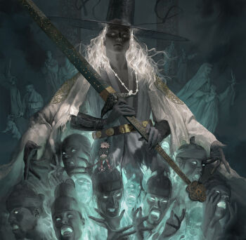 1boy belt black_armlet black_belt black_hat closed_mouth commentary dark-skinned_male dark_skin english_commentary extra_arms extra_faces ghost hat highres holding holding_sword holding_weapon jewelry korean_clothes long_hair looking_at_viewer male_focus mythological_creature original robe sangsoo_jeong solo_focus sword two-handed_sword upper_body weapon white_eyes white_hair white_robe