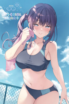 aotsu_karin bare_arms bikini black_bikini blue_sky blush breasts chain-link_fence cleavage closed_mouth cloud collarbone commentary_request day fence hair_between_eyes highres holding holding_towel looking_at_viewer medium_breasts navel original outdoors purple_eyes purple_hair side_ponytail sidelocks sky smile sports_bikini standing swimsuit towel track_and_field