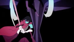 2boys animated cloak clown clown_boy deltarune fighting hat jester jester_boy jester_cap jevil kris_(deltarune) looping_animation multiple_boys sword utdr_(toby_fox) video weapon