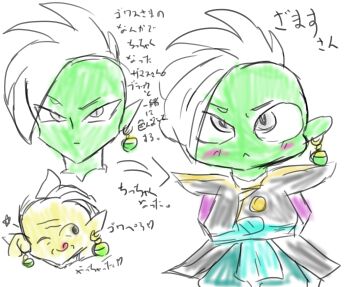 2boys :< arms_behind_back blue_pants blue_sash chibi colored_skin dragon_ball dragon_ball_super earrings gowasu green_skin grey_eyes highres japanese_text jewelry long_sleeves looking_ahead mohawk multiple_boys pants pointy_ears potara_earrings purple_shirt rakoyaki sash shirt short_hair tehepero white_hair yellow_skin zamasu