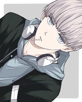 Rule 34 | 1boy, blue eyes, border, candy, commentary request, drawstring, food, grey background, grey hair, headphones, headphones around neck, highres, holding, hood, hood down, hoodie, jacket over hoodie, kaji ren, lollipop, lollipop in mouth, looking at viewer, male focus, miminaponpon, outside border, short hair, simple background, solo, tongue, tongue out, white border, white hoodie, wind breaker (nii satoru)