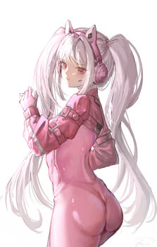 1girl absurdres alice_(nikke) animal_ear_headphones animal_ears ass bodysuit cat_ear_headphones cat_ears closed_mouth commentary cowboy_shot fake_animal_ears from_behind gloves goddess_of_victory:_nikke hand_up headphones highres long_hair long_sidelocks looking_to_the_side pink_bodysuit pink_eyes pink_gloves pink_shrug shade shrug_(clothing) sidelocks simple_background smile solo standing swept_bangs turning_head twintails very_long_hair white_background white_hair yukiring