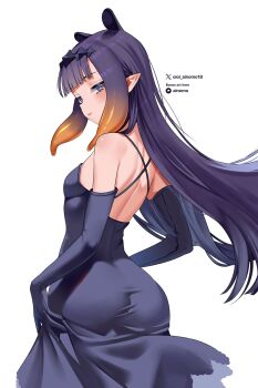 1girl alternate_costume ass black_dress black_gloves blue_eyes blunt_bangs breasts commentary criss-cross_back-straps dress elbow_gloves english_commentary from_behind gloves gradient_hair highres hololive hololive_english long_hair looking_at_viewer looking_back median_furrow multicolored_hair ninomae_ina'nis oioi_ainomo orange_hair pointy_ears purple_hair shoulder_blades sidelocks simple_background small_breasts solo straight_hair tentacle_hair very_long_hair virtual_youtuber white_background