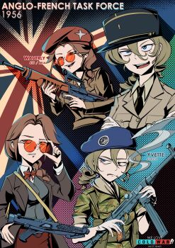 2girls absurdres beret british_army brown_hair cigarette em-2 french_army french_flag gloves green_hair gun hat highres hotchkiss_type_universal kepi military military_hat military_uniform multiple_girls nico_jiang official_art paratrooper red-tinted_eyewear self-upload sterling_smg submachine_gun tinted_eyewear union_jack waverly_redmond we_love_cold_war weapon white_gloves yvette_de_castelnau